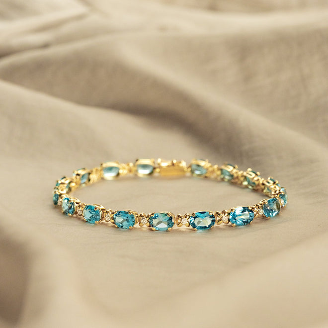 14K Yellow Gold Oval Blue Topaz Diamond Bracelet - Queen May