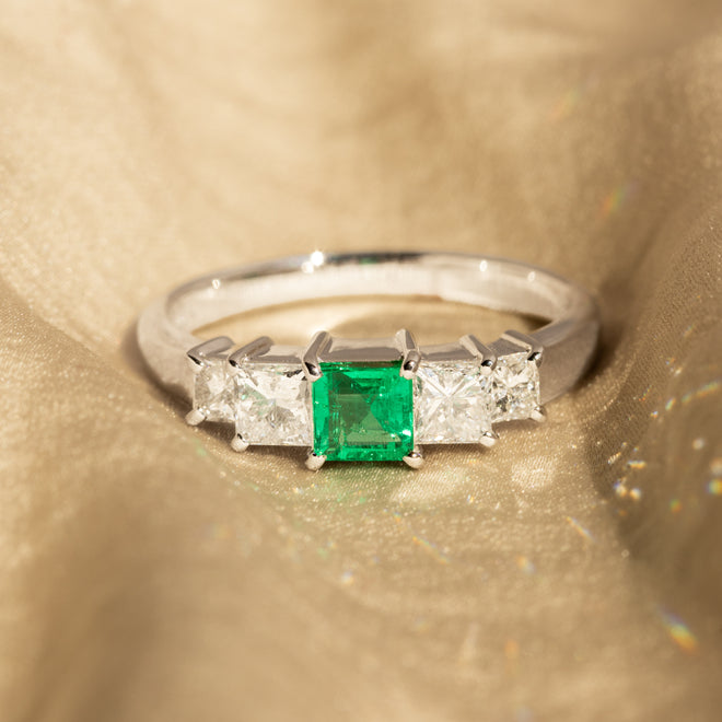 0.37 Carat Natural Emerald Princess Diamond Ring - Queen May