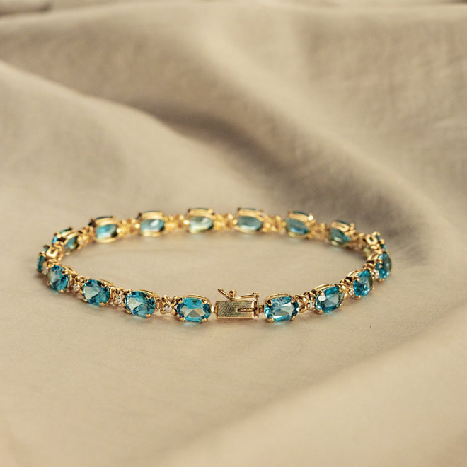 14K Yellow Gold Oval Blue Topaz Diamond Bracelet - Queen May