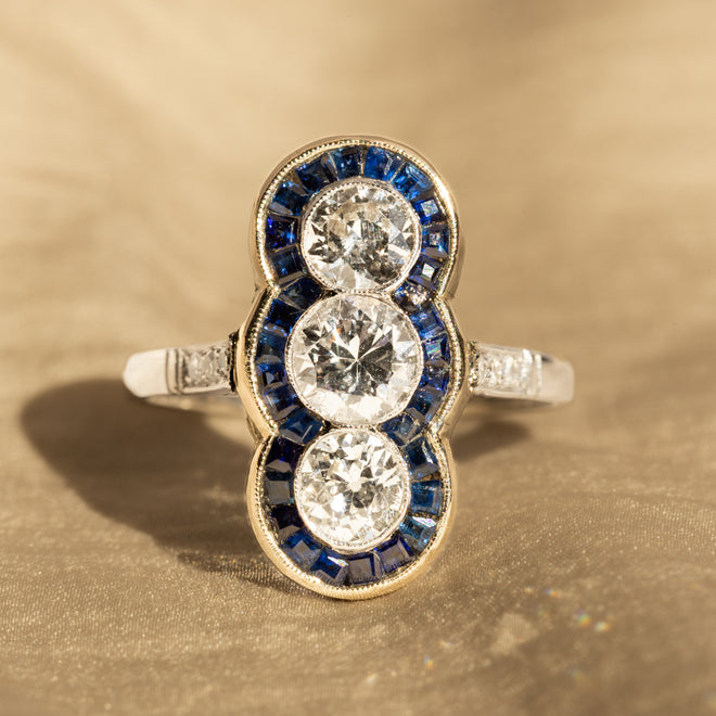 Art Deco Inspired Old European Diamond Natural Sapphire Three Stone Ring - Queen May