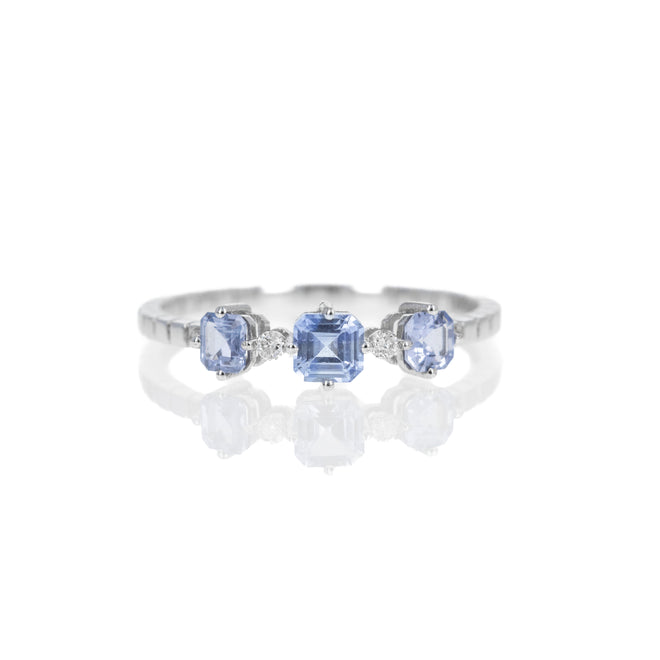 18K White Gold Blue Sapphire Diamond Three Stone Ring - Queen May