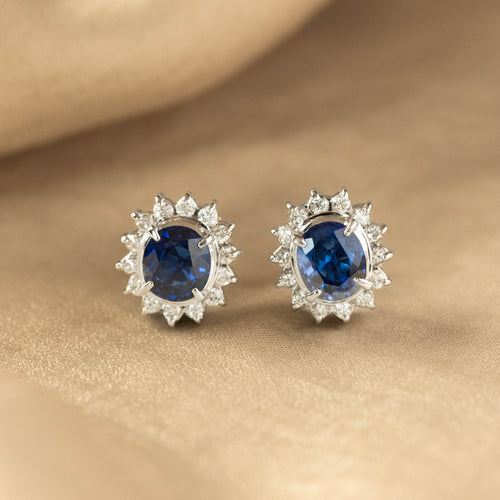 1.76 Carat Oval Sapphire Diamond Halo Stud Earrings - Queen May