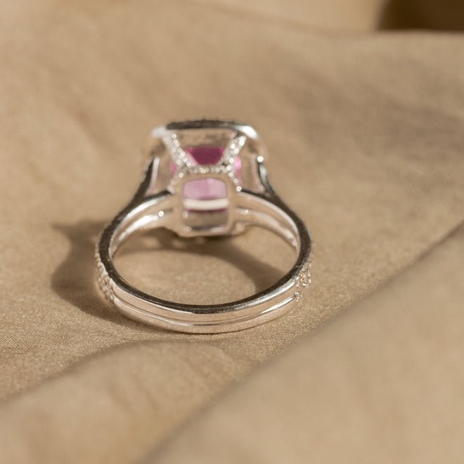 2.09 Carat Cushion Natural Pink Sapphire Diamond Halo Split Shank Ring - Queen May