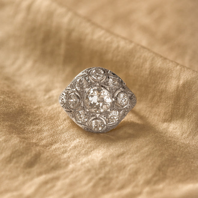 Art Deco 1.1 Carat Old European Diamond Cluster Filigree Ring - Queen May