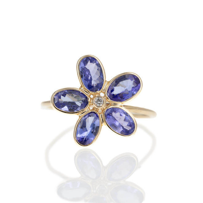 14K Yellow Gold 2.04 Carat Tanzanite Diamond Floral Ring - Queen May