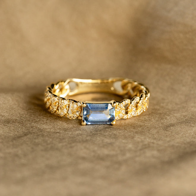 14K Gold Sapphire Diamond Curb Link Ring - Queen May