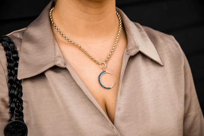 Vintage Inspired Crescent Moon Pendant Charm Blue Sapphire - Queen May