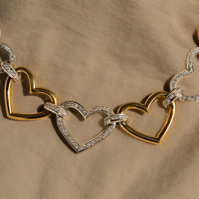 18K Gold Two Tone Diamond Heart Link Choker Necklace - Queen May