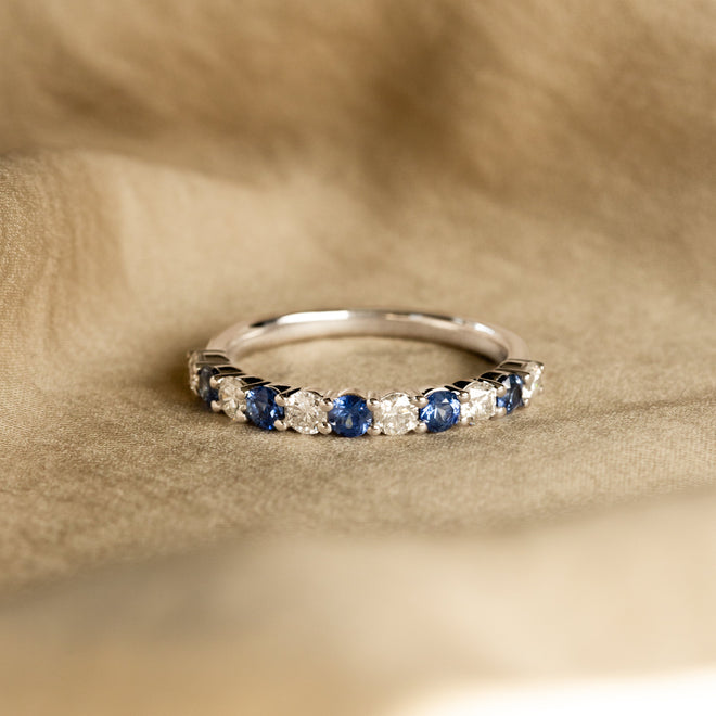 14K White Gold Round Natural Sapphire Diamond Band - Queen May