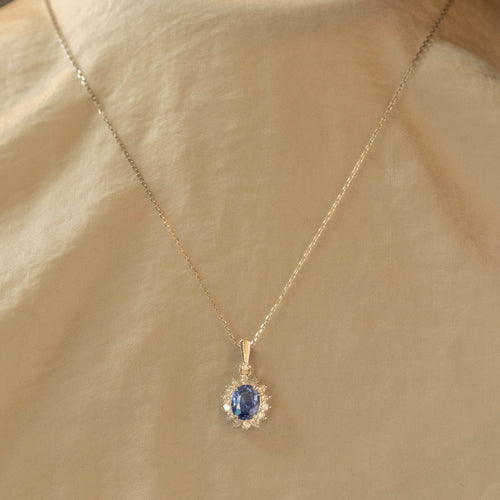 1.34 Carat Oval Natural Sapphire Diamond Halo Pendant Necklace - Queen May