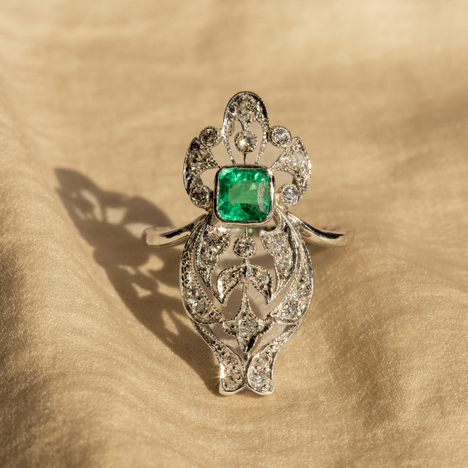 Art Deco 0.50 Carat Natural Emerald Diamond Conversion Ring - Queen May
