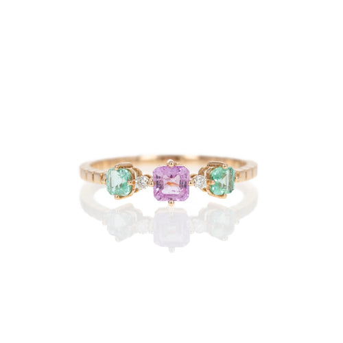 18K Rose Gold Pink Sapphire Emerald Three Stone Ring - Queen May