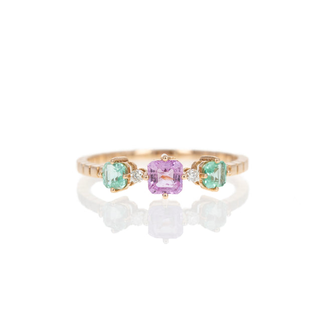 18K Rose Gold Pink Sapphire Emerald Three Stone Ring - Queen May