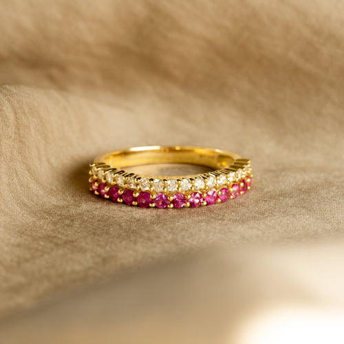 14K Yellow Gold Natural Ruby Diamond Double Row Band - Queen May
