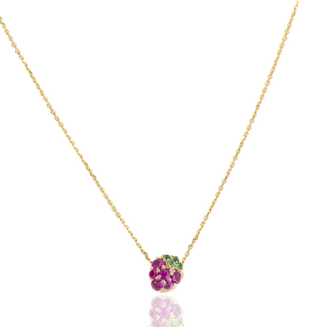 18K Yellow Gold Pink Sapphire, Ruby, and Tsavorite Garnet Strawberry Pendant Necklace - Queen May