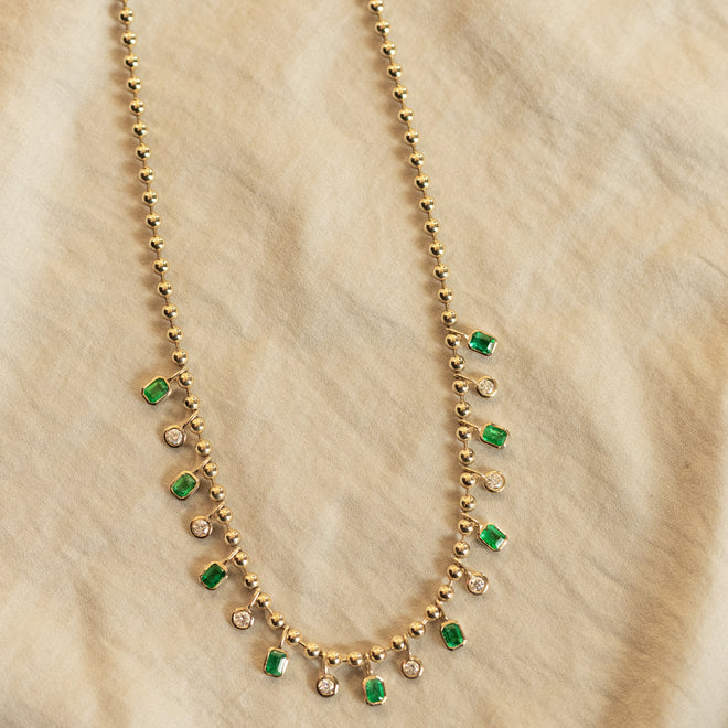 14K Gold Natural Emerald Diamond Bezel Bead Necklace - Queen May