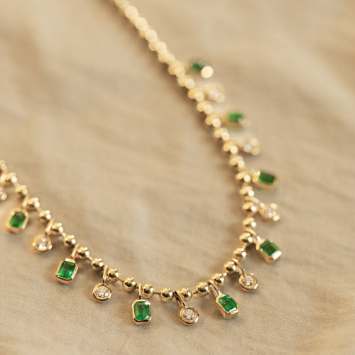 14K Gold Natural Emerald Diamond Bezel Bead Necklace - Queen May