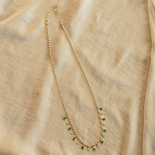 14K Gold Natural Emerald Diamond Bezel Bead Necklace - Queen May