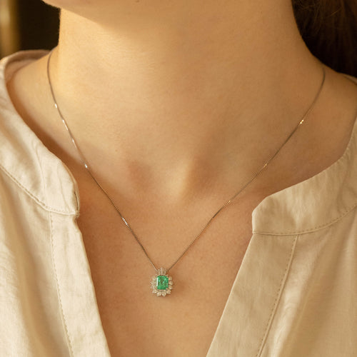 1.05 Carat Natural Emerald Diamond Halo Pendant Necklace - Queen May
