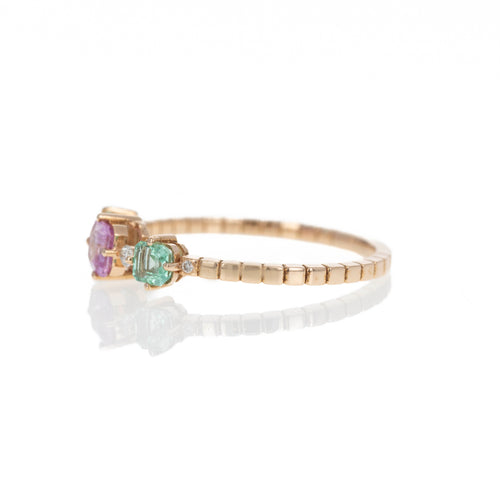 18K Rose Gold Pink Sapphire Emerald Three Stone Ring - Queen May