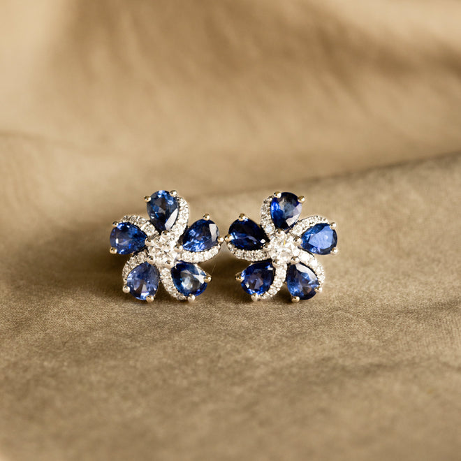 14K White Gold Natural Sapphire Diamond Flower Earrings - Queen May