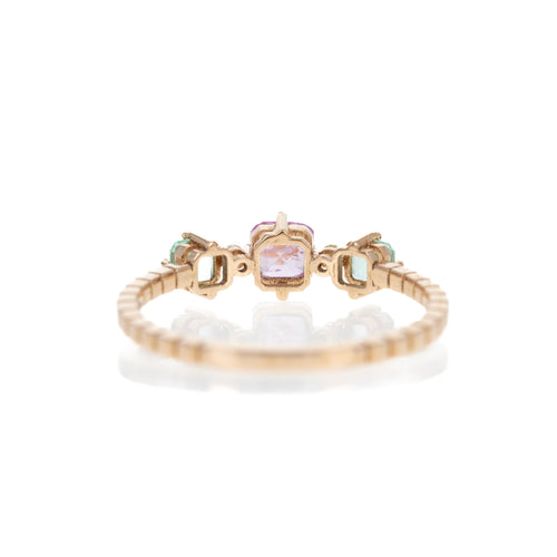 18K Rose Gold Pink Sapphire Emerald Three Stone Ring - Queen May