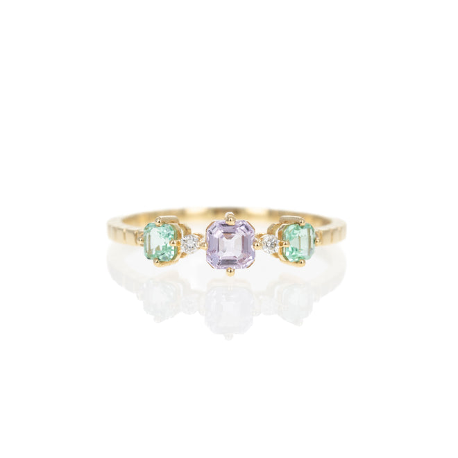 18K Yellow Gold Lavender Sapphire Emerald Three Stone Ring - Queen May