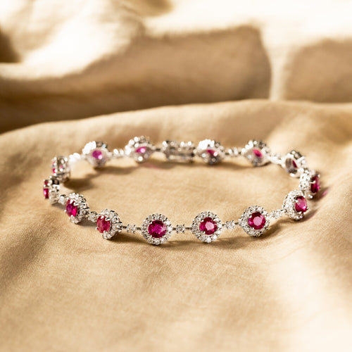 18K White Gold Natural Ruby Diamond Halo Bracelet - Queen May