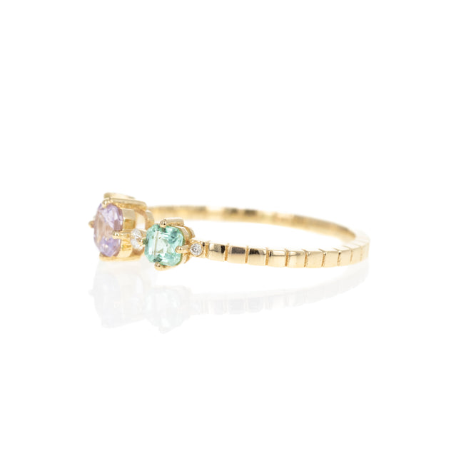 18K Yellow Gold Lavender Sapphire Emerald Three Stone Ring - Queen May