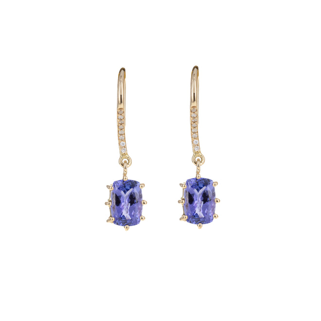 14K Yellow Gold 1.59 Carat Tanzanite and Diamond French Hook Earrings - Queen May