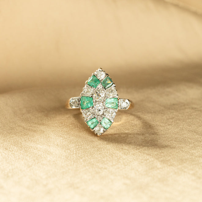 Victorian Old Mine Diamond Emerald Navette Ring - Queen May