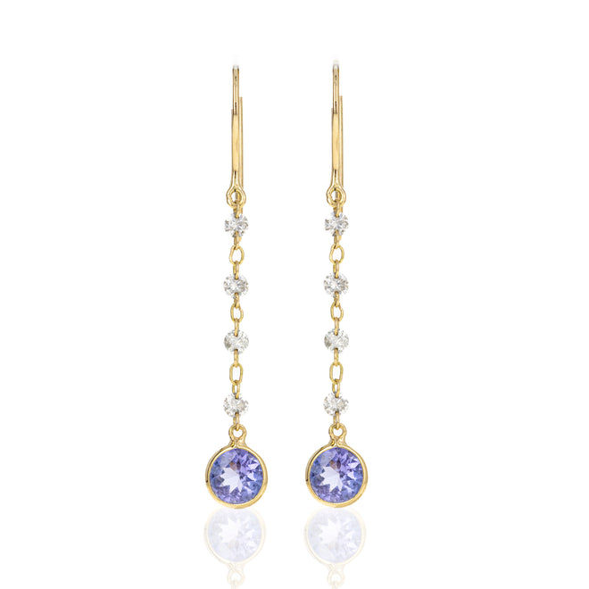 14K Yellow Gold Tanzanite and Diamond Chain Station Drop Earrings - Queen May