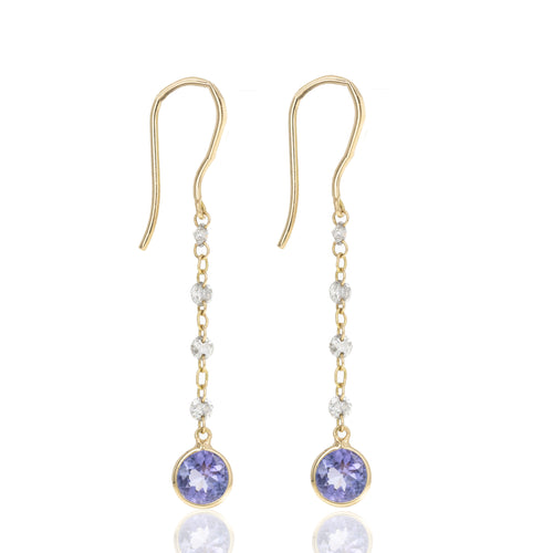 14K Yellow Gold Tanzanite and Diamond Chain Station Drop Earrings - Queen May