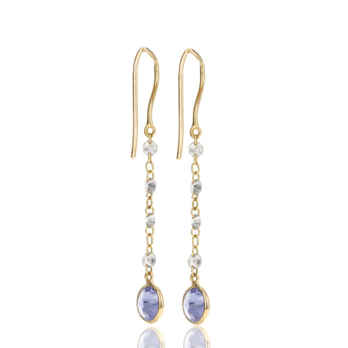 14K Yellow Gold Tanzanite and Diamond Chain Station Drop Earrings - Queen May