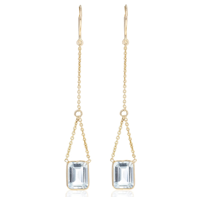 14K Yellow Gold 2.62 Carat Aquamarine Chain Drop Earrings - Queen May