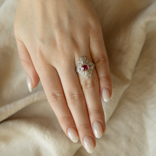 Art Deco 0.50 Carat Natural Ruby Diamond Shield Ring - Queen May