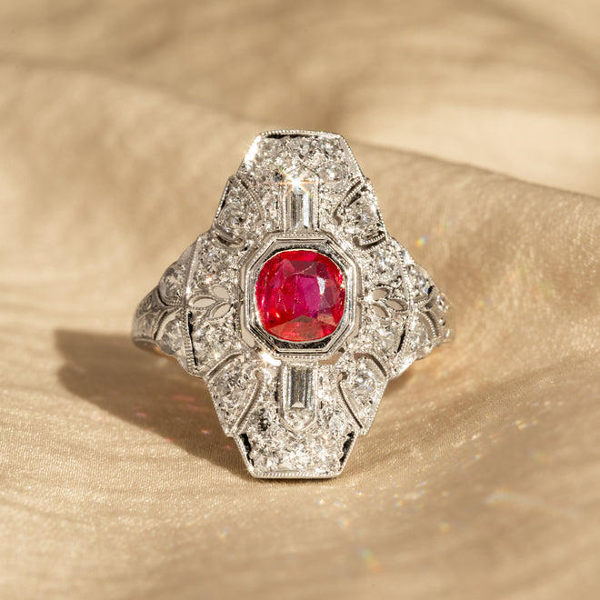 Art Deco 0.50 Carat Natural Ruby Diamond Shield Ring - Queen May