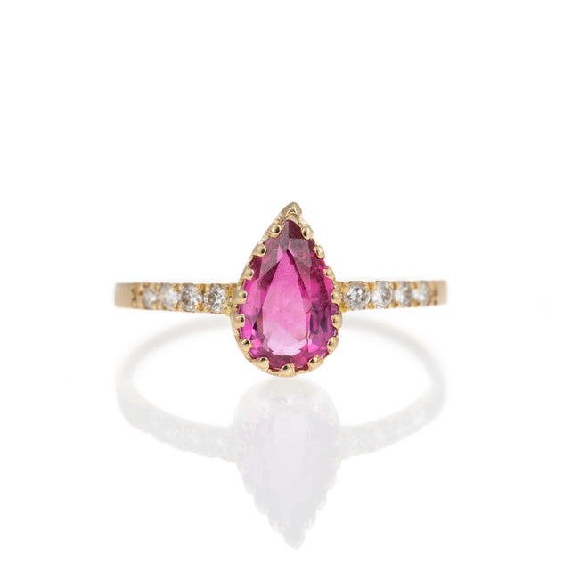 14K Yellow Gold 0.90 Carat Rubellite Tourmaline Diamond Brushed Ring - Queen May