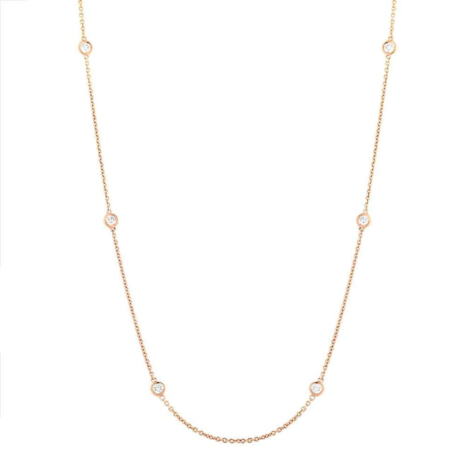 14K White, Yellow, or Rose Gold .77 Carat Total Weight Round Diamond Bezel Station Necklace - Queen May
