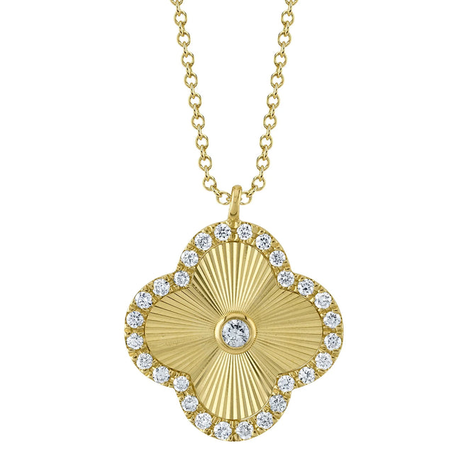 14K Yellow Gold Diamond Fluted Clover Pendant Necklace - Queen May