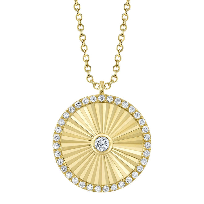 14K Yellow Gold Diamond Fluted Round Pendant Necklace - Queen May