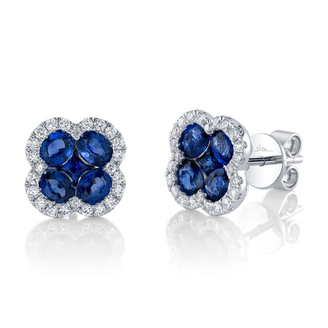 14K White Gold Sapphire Diamond Clover Stud Earrings - Queen May