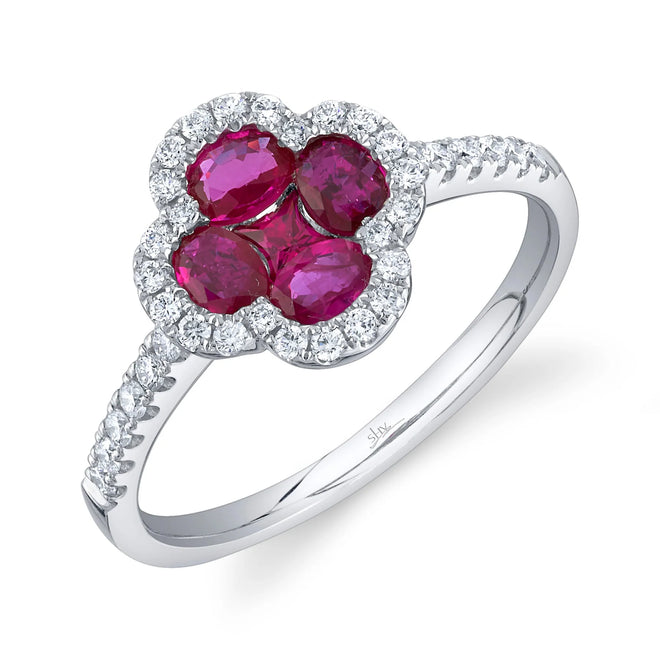 14K White Gold Ruby Diamond Clover Ring - Queen May
