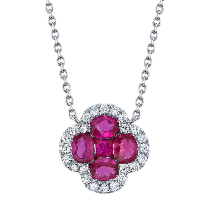 14K Gold Ruby Diamond Clover Pendant Necklace - Queen May