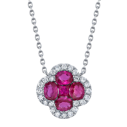 14K Gold Ruby Diamond Clover Pendant Necklace - Queen May