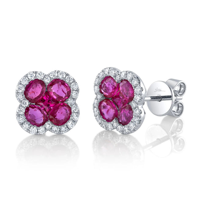 14K White Gold Ruby Diamond Clover Stud Earrings - Queen May