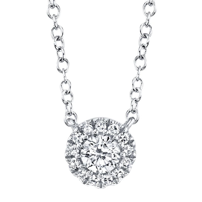 14K White, Yellow, or Rose Gold .14 Carat Total Weight Diamond Halo Pendant Necklace - Queen May