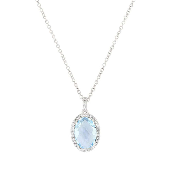 14K Gold 2.40 Carat Oval Blue Topaz Diamond Halo Pendant Necklace - Queen May