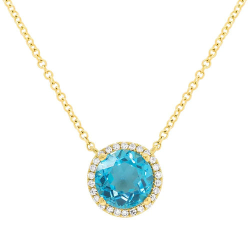 14K Yellow Gold 1.80 Carat Blue Topaz Diamond Halo Necklace - Queen May