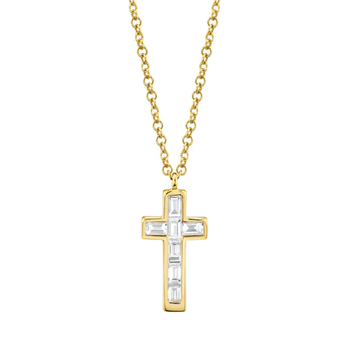 14K Gold Diamond Baguette Cross Pendant Necklace - Queen May